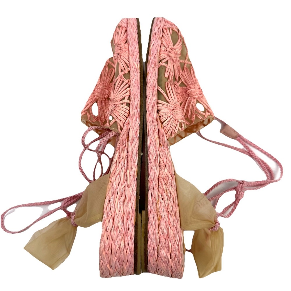 Stuart Weitzman Rafia Espadrille Flats Pink Mesh Barbiecore Lace Up 10 Narrow - Picture 6 of 9